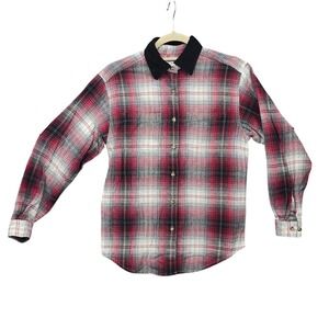 Vintage Cabin Creek Women‎ 36 Chest Red Plaid Flannel Long Sleeve Black Collar